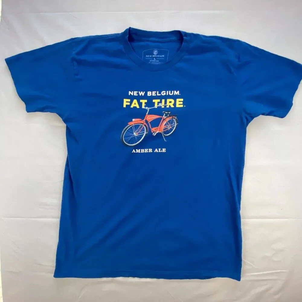 New Belgium Fat Tire Amber Ale T Shirt Mens Large L Blue Graphic Organic Cotton